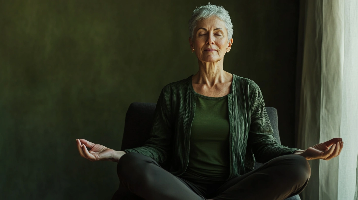 Літня жінка практикує йогу в спокійній атмосфері